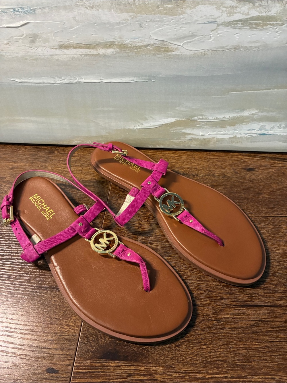 Michael Kors Hot Pink Leather Thong Sandals with Gold Logo